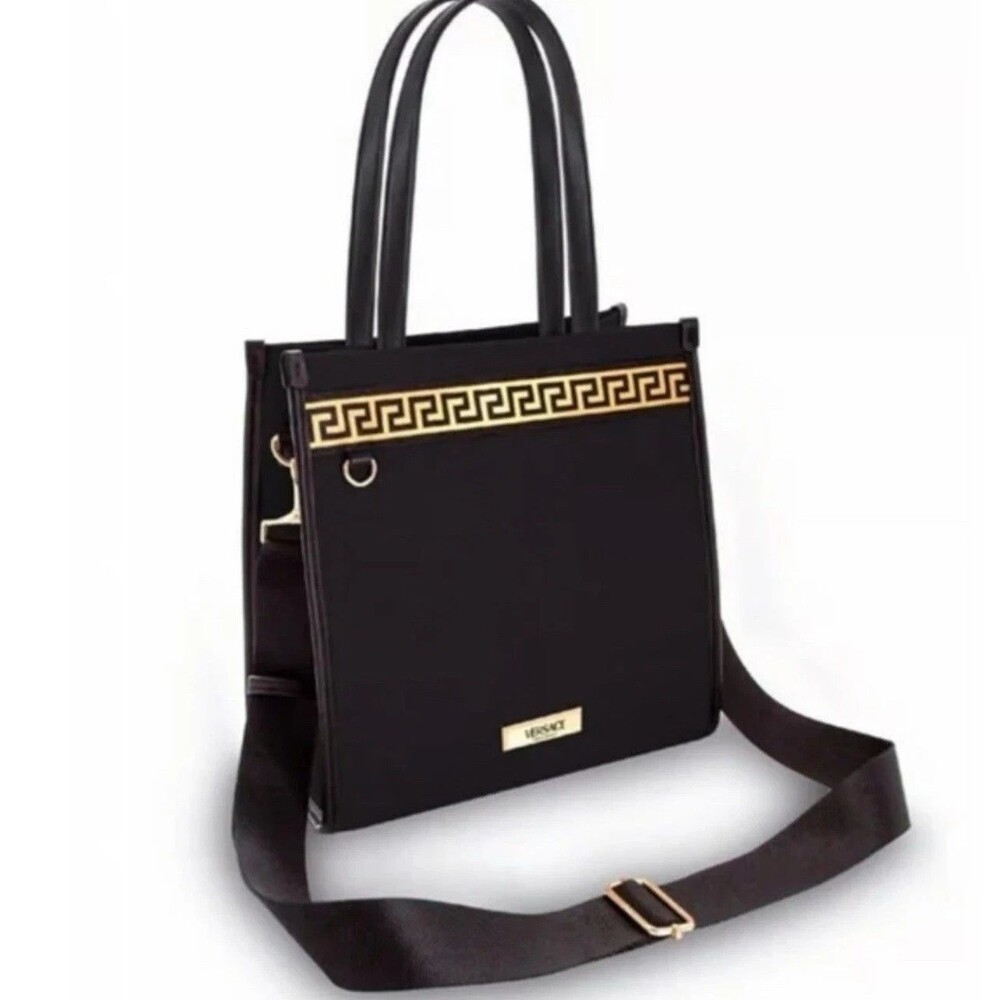 NWOT Versace Fragrances Black Canvas Greca Tote Crossbody + Dust Bag